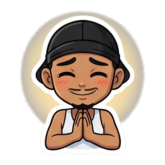 Grateful guy with hands pressed together and a glowing aura Cool Guy Daily Vibes sticker for expressive chats and social replies.