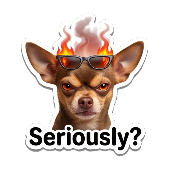 Chihuahua looking angry with flames on head and sunglasses, text Seriously? Chihuahua Moods sticker for expressive chats and social replies.