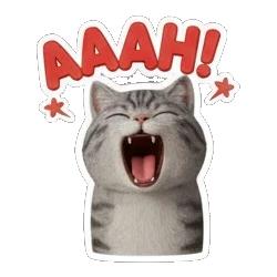 Gray tabby cat yawning wide with AAAH! text Cheerful Gray Tabby Cat sticker for expressive chats and social replies.