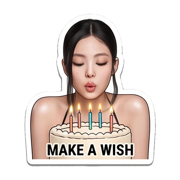Young woman blowing out birthday candles, text MAKE A WISH Jennie Birthday Party Vibes sticker for expressive chats and social replies.