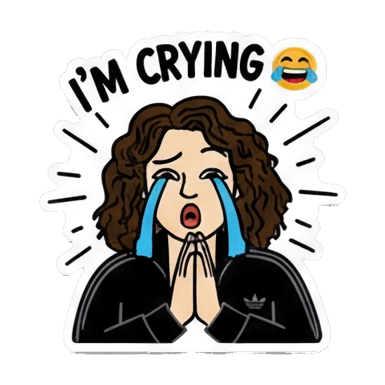 Curly-haired girl crying with hands together and text I'M CRYING Curly Hair Girl Daily Vibes sticker for expressive chats and social replies.