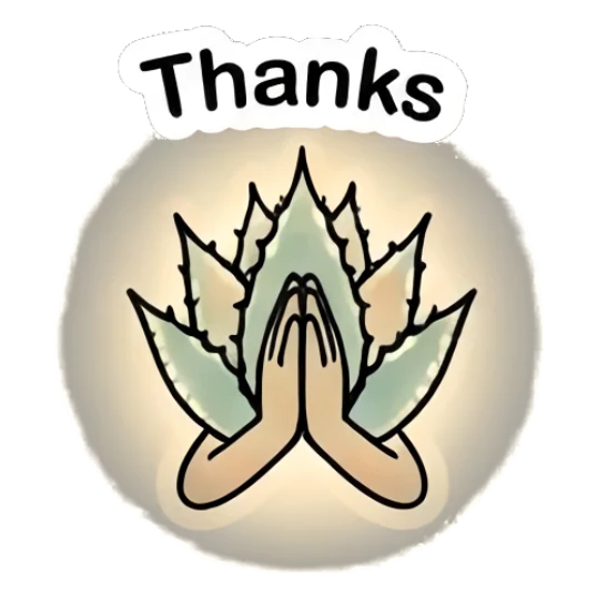 Aloe plant with hands together in a thankful prayer pose. Cheerful Aloe Adventures sticker for expressive chats and social replies.
