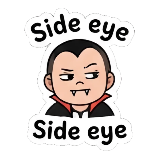 Baby dressed as a vampire giving a side eye, text 'Side eye' Little Spooky Moods sticker for expressive chats and social replies.