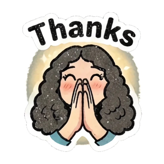 Grateful girl with hands together in prayer with text Thanks Curly Hair Retro Vibes sticker for expressive chats and social replies.