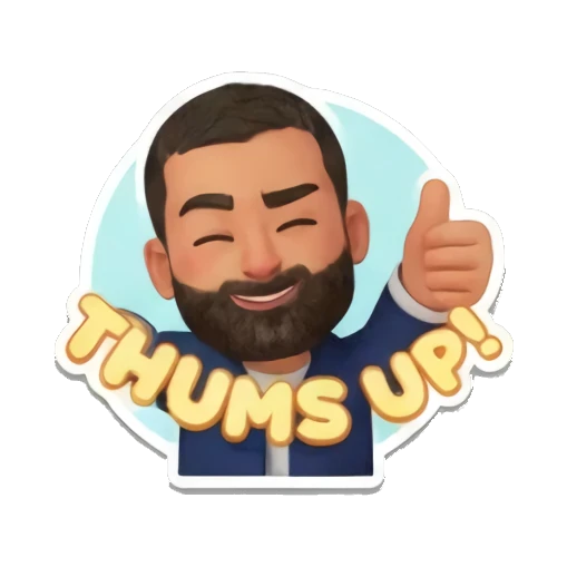 胡子大叔竖起大拇指点赞，表情满意，带有THUMBS UP文字 Bearded Man Daily Expressions sticker for expressive chats and social replies.