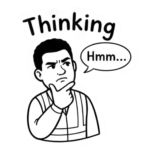 Man in safety vest thinking with hand on chin Working Guy Daily Vibes sticker for expressive chats and social replies.