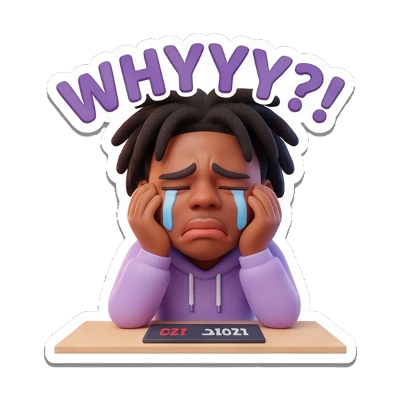 Gamer boy crying at keyboard, text 'WHYYY?!' Gamer Life Adventures sticker for expressive chats and social replies.
