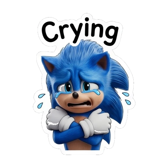 Sonic crying with Crying text Sonic Expressive Vibes sticker for expressive chats and social replies.
