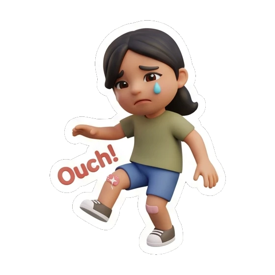 Girl crying holding her knee with Ouch text, hurt. Cheerful Girl Daily Life sticker for expressive chats and social replies.