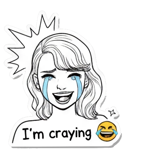 Girl laughing with tears of joy and thanks text Expressive Line Art Girl sticker for expressive chats and social replies.