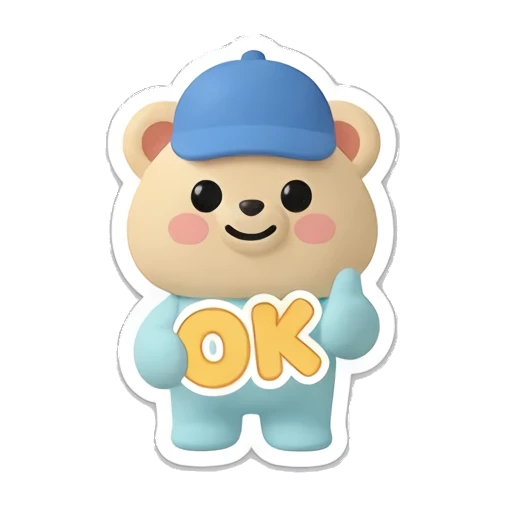 Bear wearing blue cap gives a thumbs up with OK text. Cheerful Clay Bear Buddies sticker for expressive chats and social replies.