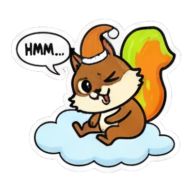 Thinking squirrel on a cloud, saying 'HMM...'. Cute Squirrel Daily Fun sticker for expressive chats and social replies.
