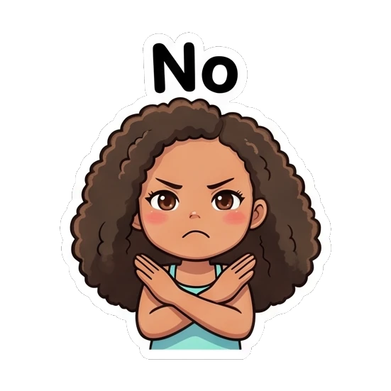 卷发女孩交叉双臂，表示拒绝 Curly Haired Girl Expressions sticker for expressive chats and social replies.