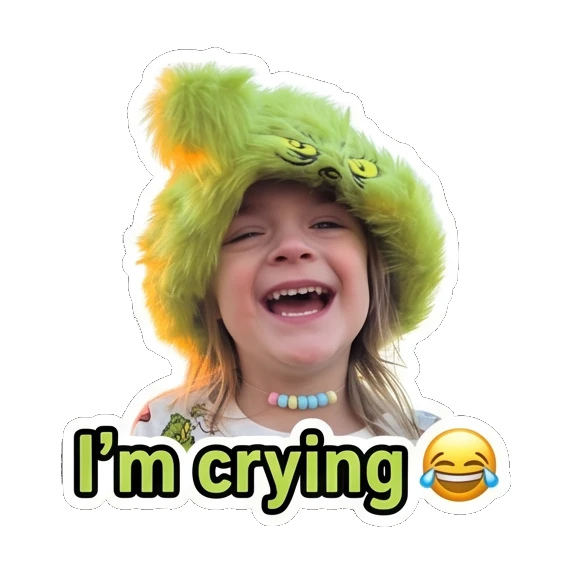 Child in green hat laughing hysterically with text I'm crying Grinchy Kid Moods sticker for expressive chats and social replies.