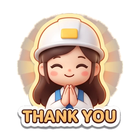 Construction girl with hands together in gratitude saying THANK YOU Yewab Construction Crew sticker for expressive chats and social replies.
