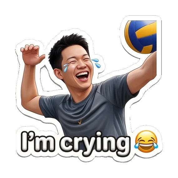Laughing player with tears of joy, text I'm crying Volleyball Boy Daily Life sticker for expressive chats and social replies.