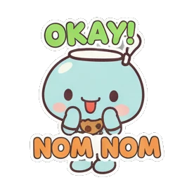 Blue teapot character eating cookie with text NOM NOM Teapot Buddy Daily Life sticker for expressive chats and social replies.