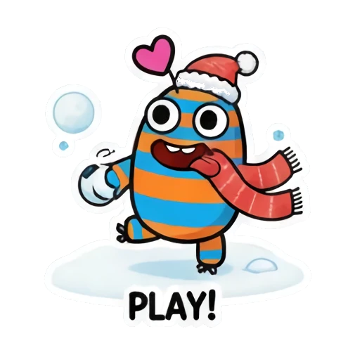 Monster playing with a snowball, text PLAY! Striped Monster Winter Fun sticker for expressive chats and social replies.