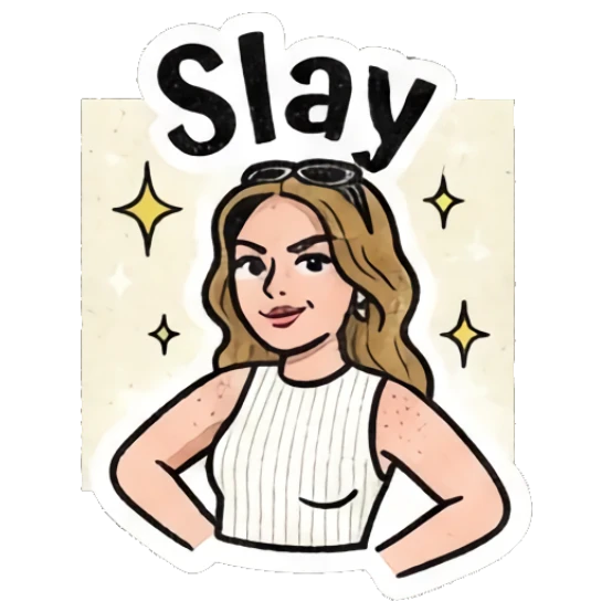 Girl posing with hands on hips, confident look, text 'Slay' Retro Comic Girl Expressions sticker for expressive chats and social replies.