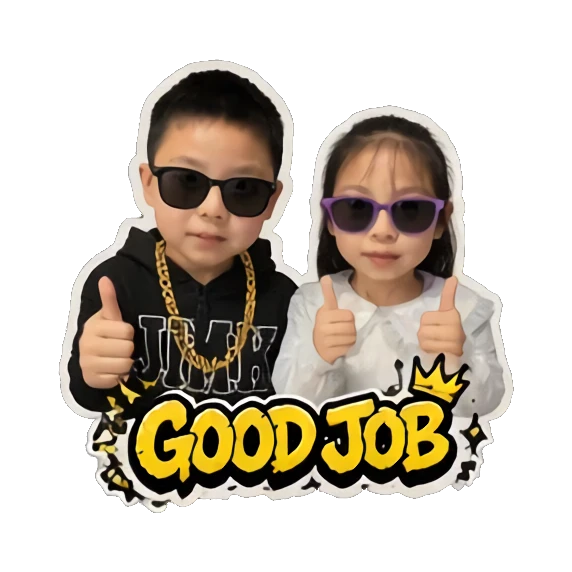 Boy and girl giving thumbs up with GOOD JOB text Hip-hop Kids Duo sticker for expressive chats and social replies.