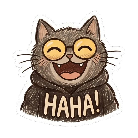 Cat laughing with mouth wide open and text HAHA. Furry Doodle Cat Daily sticker for expressive chats and social replies.