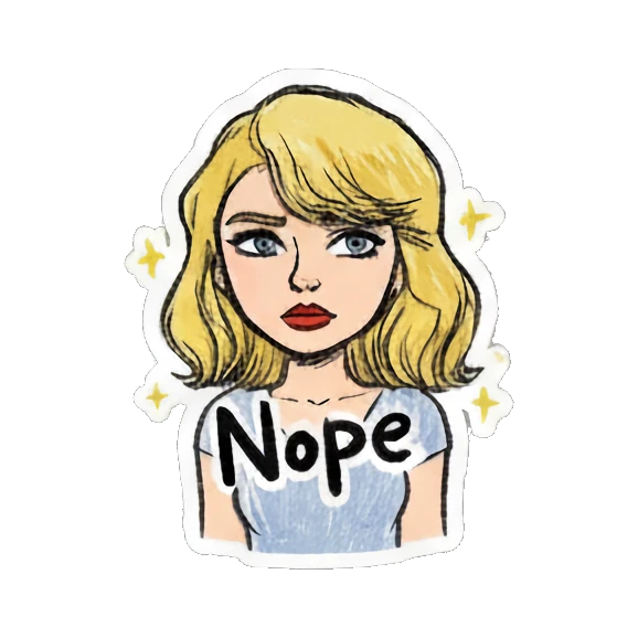 Blonde girl looking serious with sparkles and text Nope Blonde Girl Doodle Diary sticker for expressive chats and social replies.