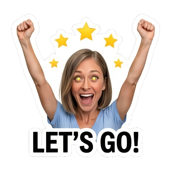 Woman cheering with hands up and stars Daily Life Expressions sticker for expressive chats and social replies.