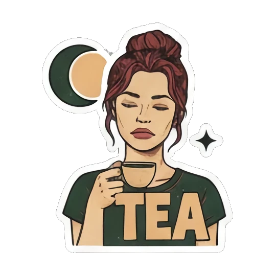 Drinking 'TEA' with crescent moon Expressive Gal's Daily Moods sticker for expressive chats and social replies.
