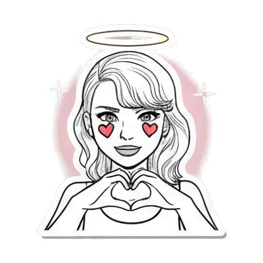 Girl with halo and heart eyes making a heart shape Expressive Line Art Girl sticker for expressive chats and social replies.