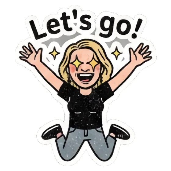 Blonde woman jumping with excitement and star eyes with text Let's go! Retro Blonde Daily Vibes sticker for expressive chats and social replies.