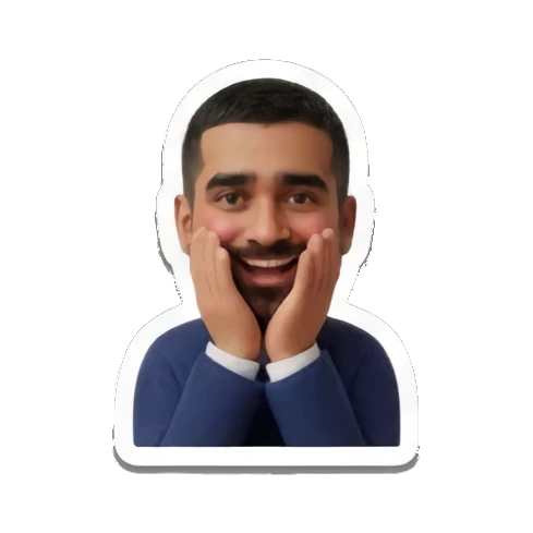 Bearded man smiling with hands on face with text NICE Cheerful Bearded Professional sticker for expressive chats and social replies.