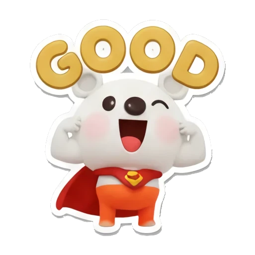 Polar bear cub wears a superhero cape with GOOD text, flexing muscles. Cheerful Polar Bear Cub sticker for expressive chats and social replies.