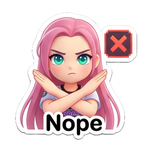 Pink-haired girl crossing arms in refusal with text Nope Pinky Pop Adventures sticker for expressive chats and social replies.
