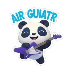 Panda playing air guitar with blue background and AIR GUITAR text Rocking Panda Band sticker for expressive chats and social replies.