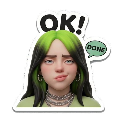 Billie character smirking with OK! text, agreeable Billie Eilish 3D Expressions sticker for expressive chats and social replies.