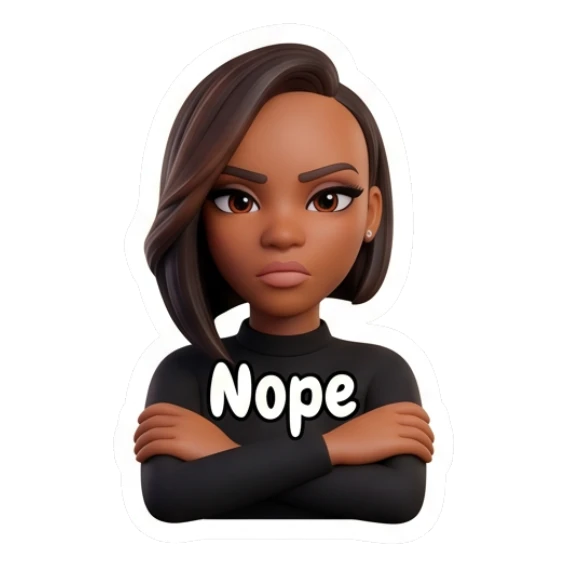 Woman looking unimpressed with arms crossed, text says Nope. Modern Chic Expressions sticker for expressive chats and social replies.