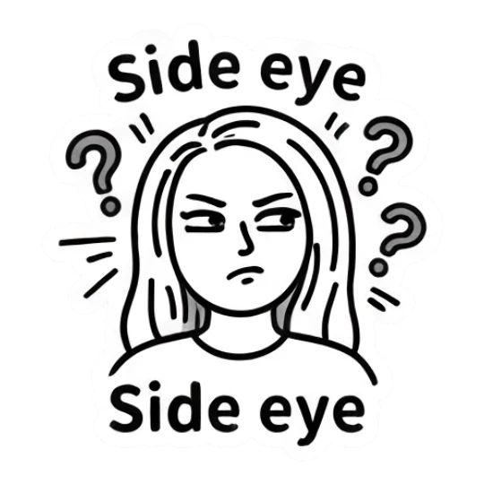 Girl giving side eye with question marks, text Side eye Keith Haring Style Girl Expressions sticker for expressive chats and social replies.