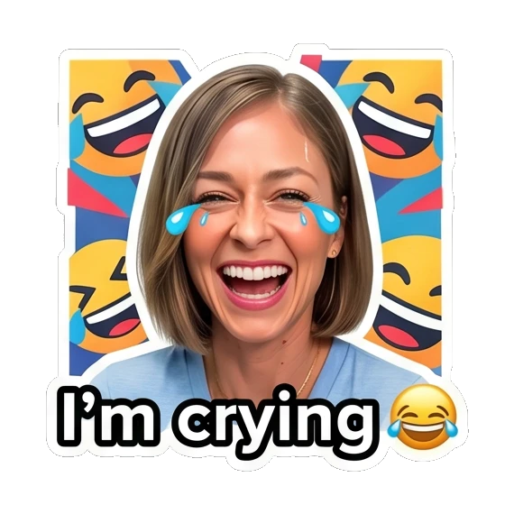 Woman laughing with tears of joy, text 'I'm crying' Daily Life Expressions sticker for expressive chats and social replies.