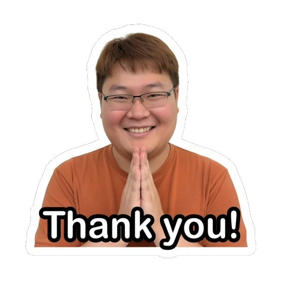 Man with glasses with hands together in gratitude and text Thank you! Daily Life of a Friendly Guy sticker for expressive chats and social replies.