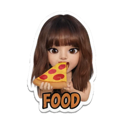 Girl eating a slice of pizza, hungry expression, text 'FOOD' Modern Girl Daily Vibes sticker for expressive chats and social replies.