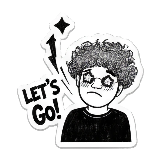 Curly-haired boy looking excited with text LETS GO. Curly Hair Doodle Vibes sticker for expressive chats and social replies.