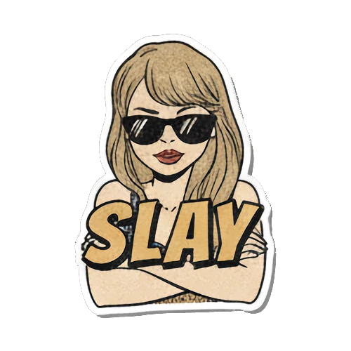 Blonde woman wearing sunglasses looking cool with SLAY text Retro Pop Diva Vibes sticker for expressive chats and social replies.