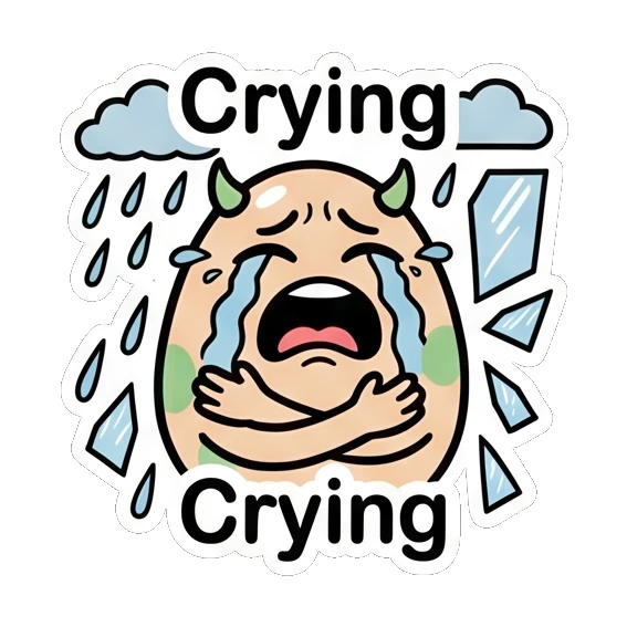 Crying egg under a rain cloud with sad expression. Little Spotted Egg Emotions sticker for expressive chats and social replies.