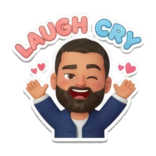 胡子大叔大笑眨眼，表情搞怪，带有LAUGH CRY文字 Bearded Man Daily Expressions sticker for expressive chats and social replies.