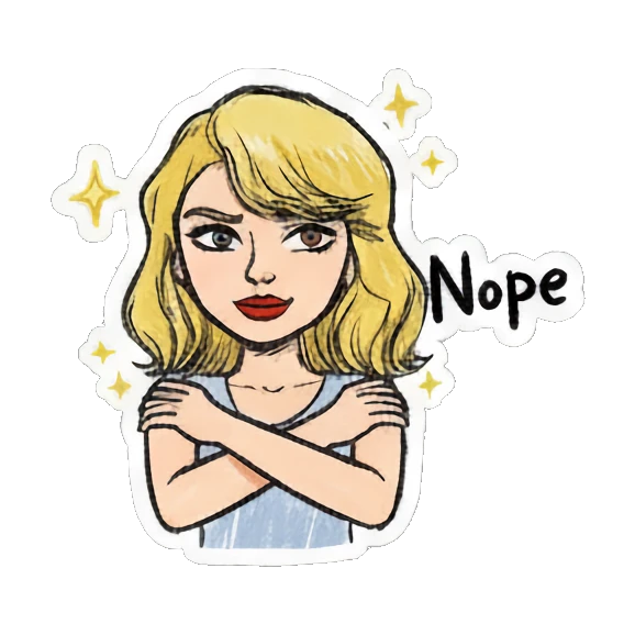 Blonde girl crossing arms with sparkles and text Nope Blonde Girl Doodle Diary sticker for expressive chats and social replies.