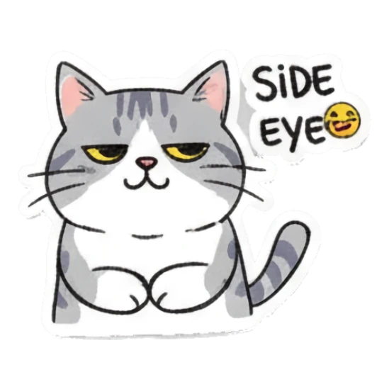 Skeptical gray cat giving a side eye with text Side eye Playful Gray Tabby Diary sticker for expressive chats and social replies.
