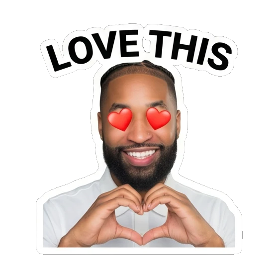 Bearded man making a heart shape with hands and heart eyes Daily Vibes with Marcus sticker for expressive chats and social replies.