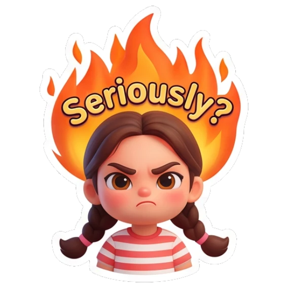 Girl with angry face and fire background Cute Braided Girl Daily sticker for expressive chats and social replies.