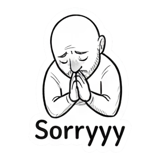 Bald man with hands together in a Sorryyy apology gesture. Bald Guy Daily Vibes sticker for expressive chats and social replies.