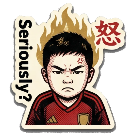 Angry boy with flames behind his head, looking furious. Young Soccer Fan Expressions sticker for expressive chats and social replies.